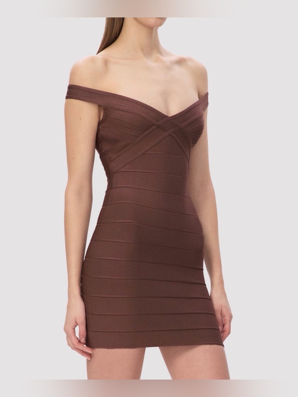Hervé Léger The Rachel Off Shoulder Bandage Mini Dress Coffee Brown NWT Medium